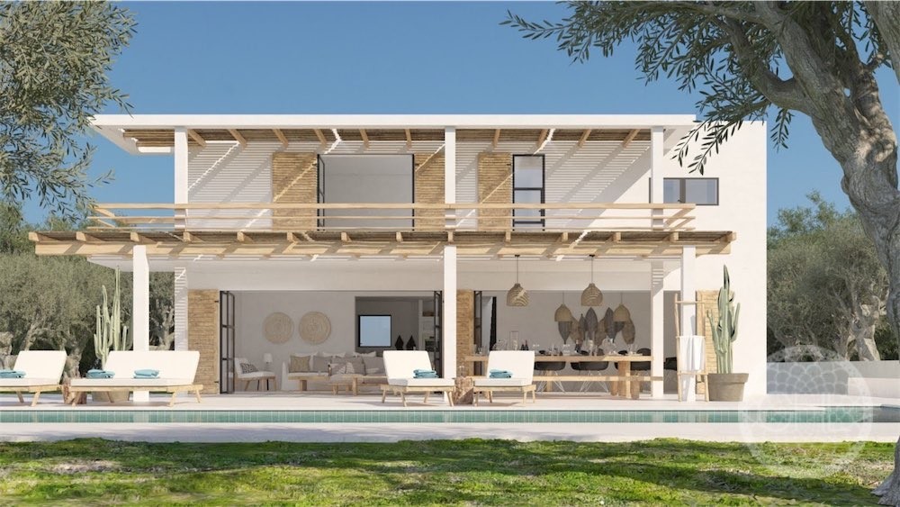 Villa moderna en un claro soleado en el bosque con proyecto de diseño